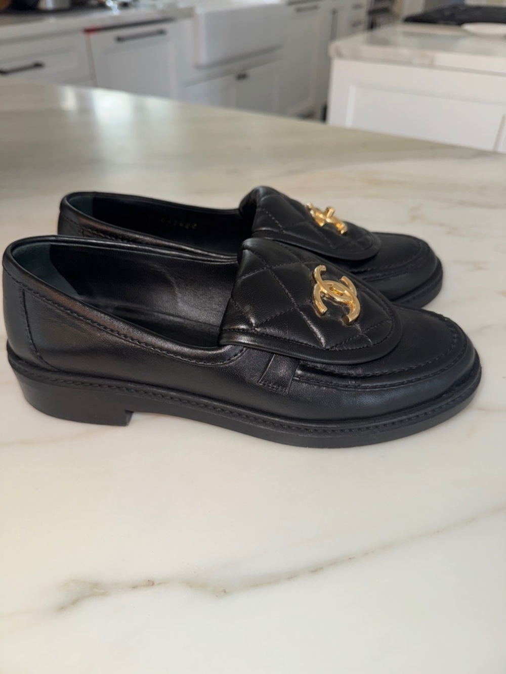 CHANEL Black Quilted Leather Loafers with Gold CC Emblem - Picture 4 of 7